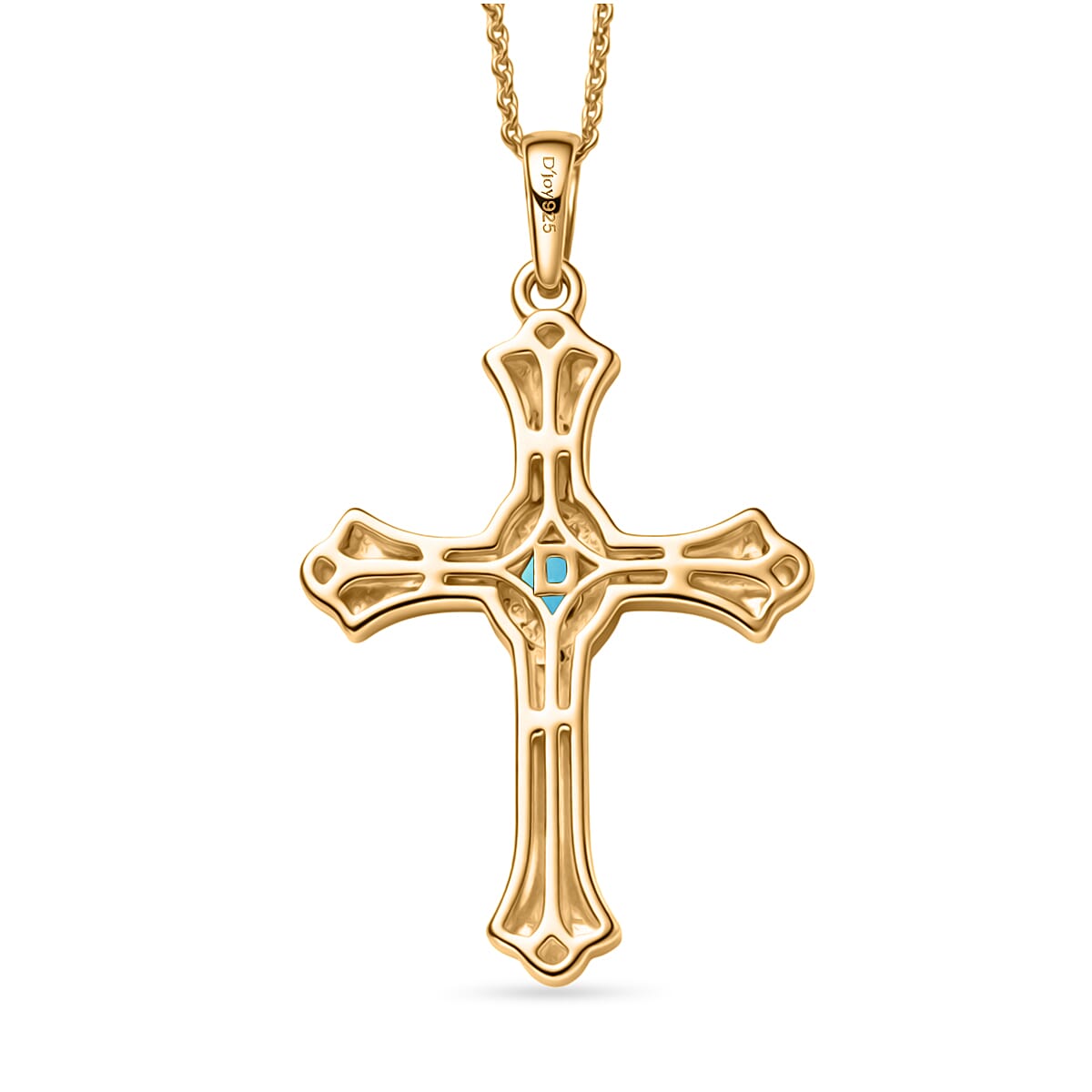 D'Joy Sleeping Beauty Turquoise Cross Pendant with Chain (Size 20) in Yellow Gold Plated & Platinum Overlay Sterling Silver