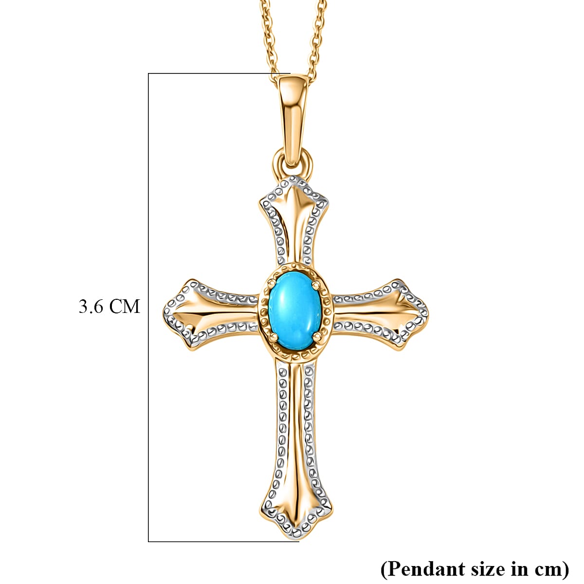 D'Joy Sleeping Beauty Turquoise Cross Pendant with Chain (Size 20) in Yellow Gold Plated & Platinum Overlay Sterling Silver