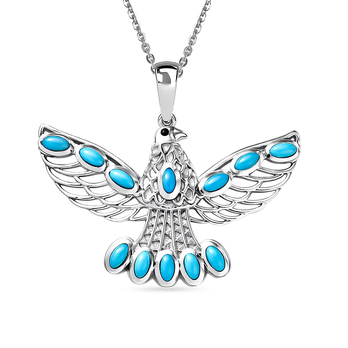 D'Joy Sleeping Beauty Turquoise & Black Spinel Thunderbird Pendant with Chain (Size 20) in Rhodium Overlay Sterling Silver 1.51 Ct.