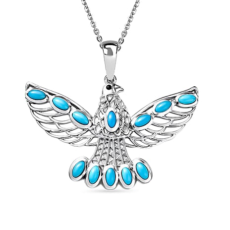 D'Joy Sleeping Beauty Turquoise & Black Spinel Thunderbird Pendant with Chain (Size 20) in Rhodium Overlay Sterling Silver 1.51 Ct.