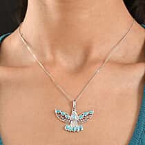 D'Joy Sleeping Beauty Turquoise & Black Spinel Thunderbird Pendant with Chain (Size 20) in Rhodium Overlay Sterling Silver 1.51 Ct.