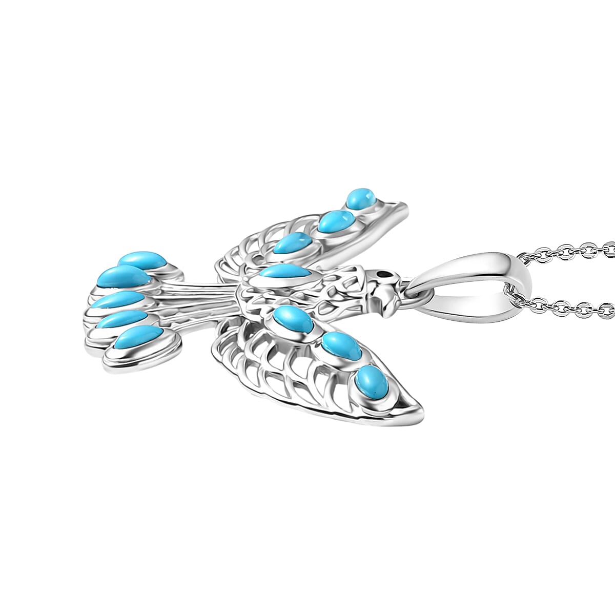 D'Joy Sleeping Beauty Turquoise & Black Spinel Thunderbird Pendant with Chain (Size 20) in Rhodium Overlay Sterling Silver 1.51 Ct.