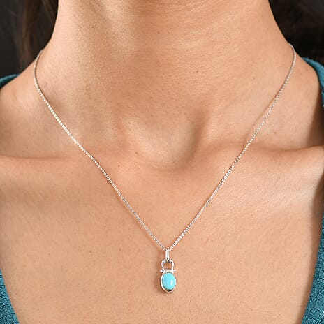 D'Joy Sleeping Beauty Turquoise Solitaire Pendant with Chain (Size 20) in Platinum Overlay Sterling Silver  1.00 Ct.