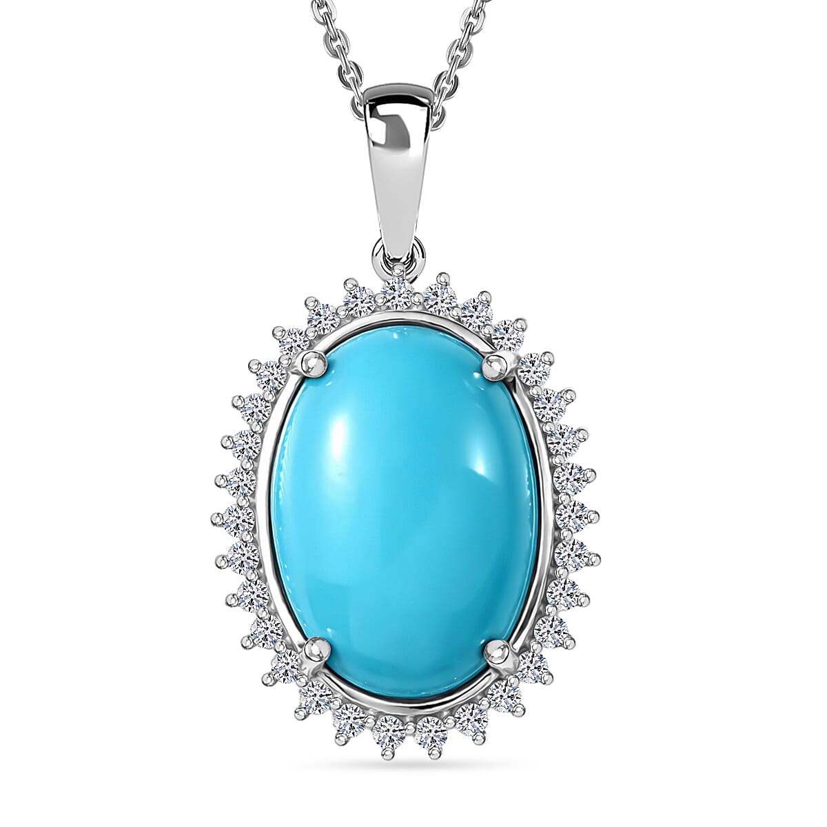 Luxuriant Sleeping Beauty Turquoise & SI-G-H Lab Grown Diamond Halo Pendant with Chain (Size 20) in Rhodium Overlay Sterling Silver 11.07 Ct.