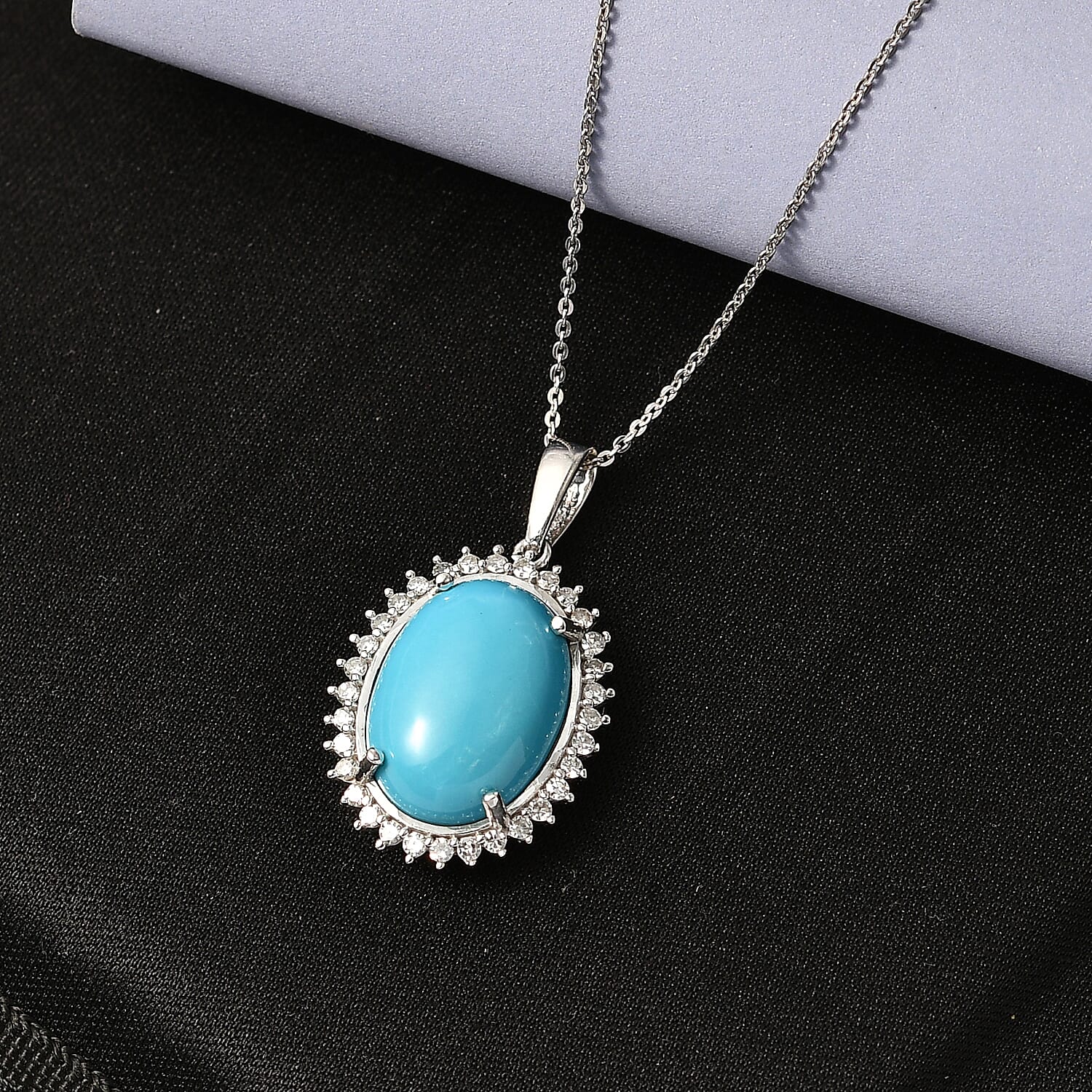 Luxuriant Sleeping Beauty Turquoise & SI-G-H Lab Grown Diamond Halo Pendant with Chain (Size 20) in Rhodium Overlay Sterling Silver 11.07 Ct.