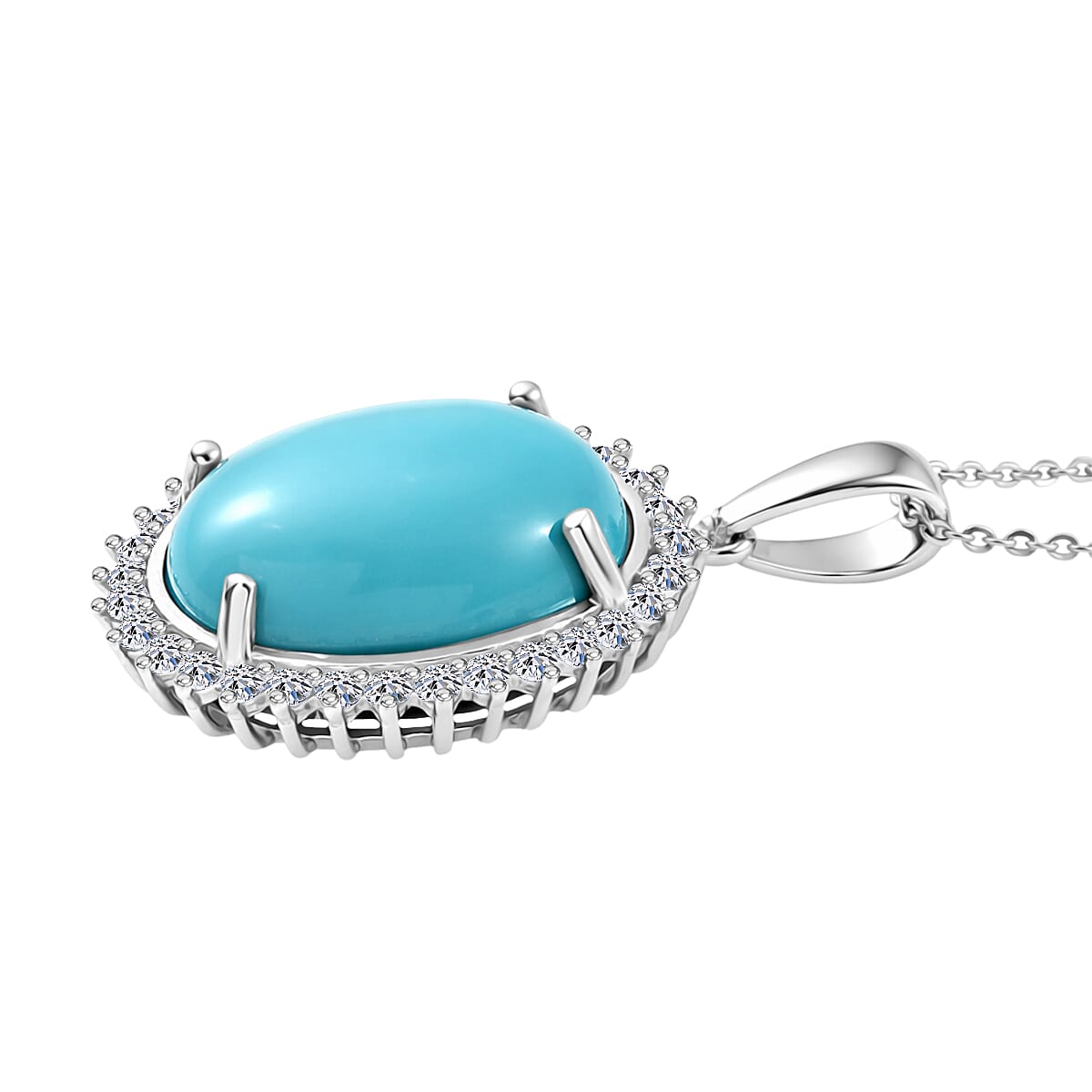 Luxuriant Sleeping Beauty Turquoise & SI-G-H Lab Grown Diamond Halo Pendant with Chain (Size 20) in Rhodium Overlay Sterling Silver 11.07 Ct.