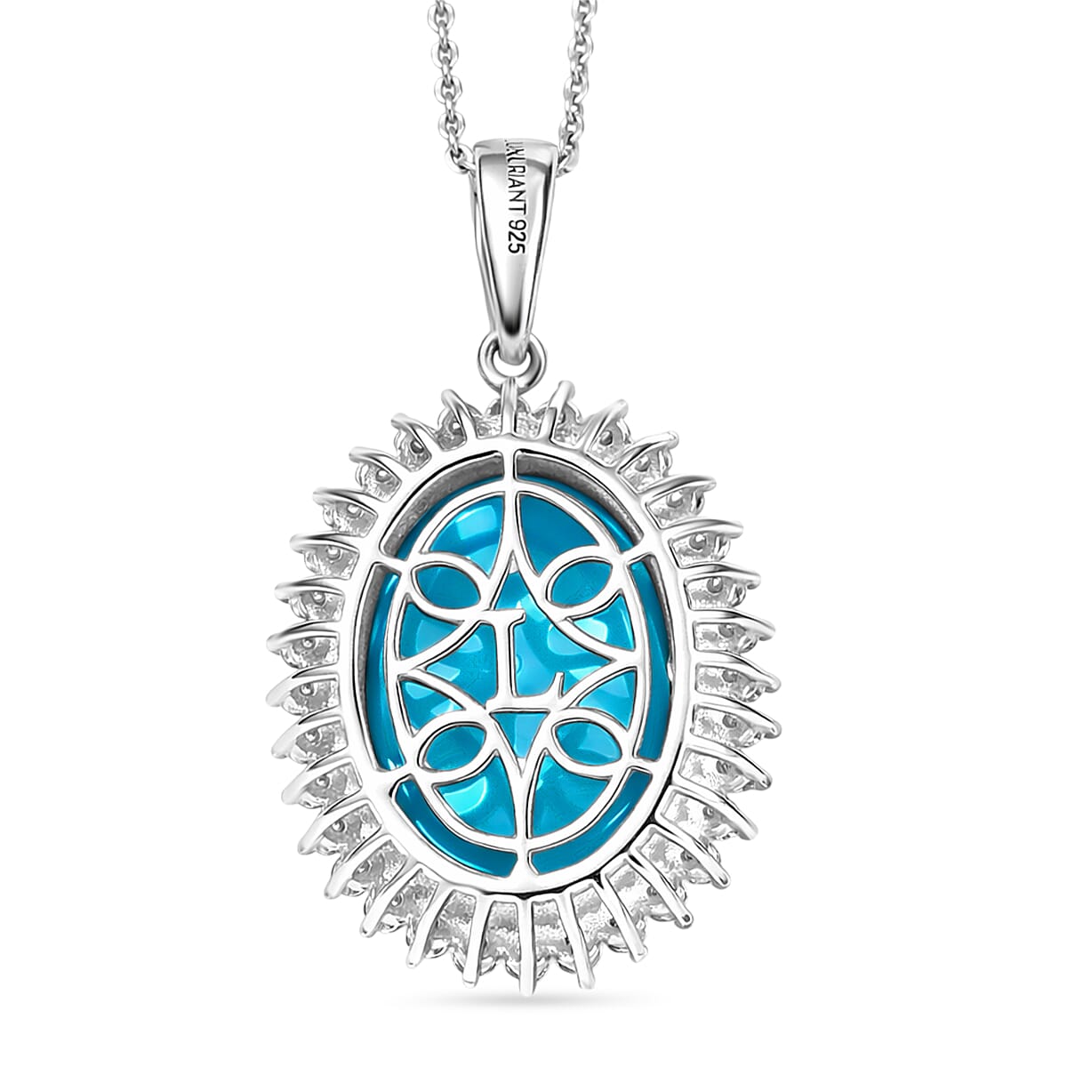 Luxuriant Sleeping Beauty Turquoise & SI-G-H Lab Grown Diamond Halo Pendant with Chain (Size 20) in Rhodium Overlay Sterling Silver 11.07 Ct.