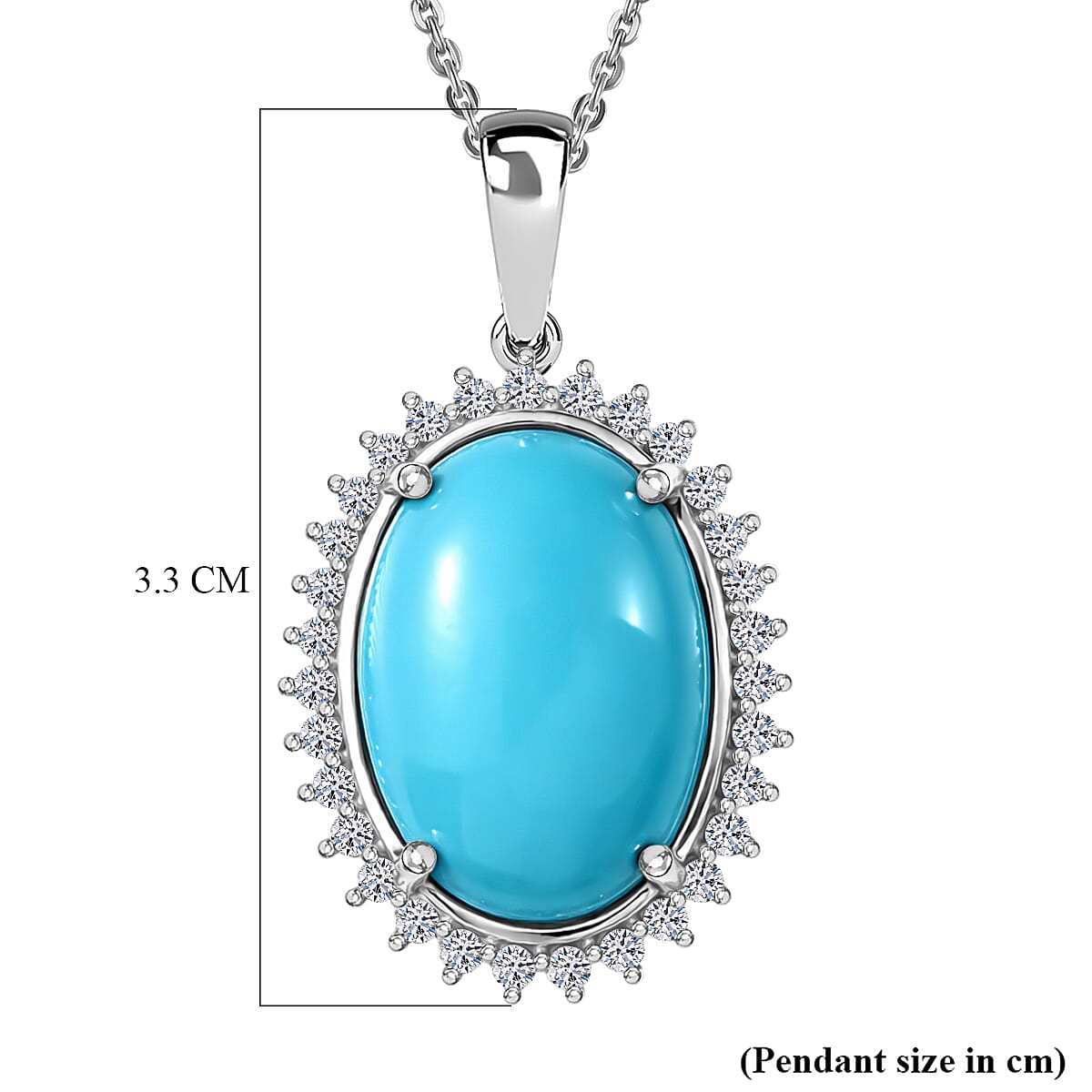 Luxuriant Sleeping Beauty Turquoise & SI-G-H Lab Grown Diamond Halo Pendant with Chain (Size 20) in Rhodium Overlay Sterling Silver 11.07 Ct.
