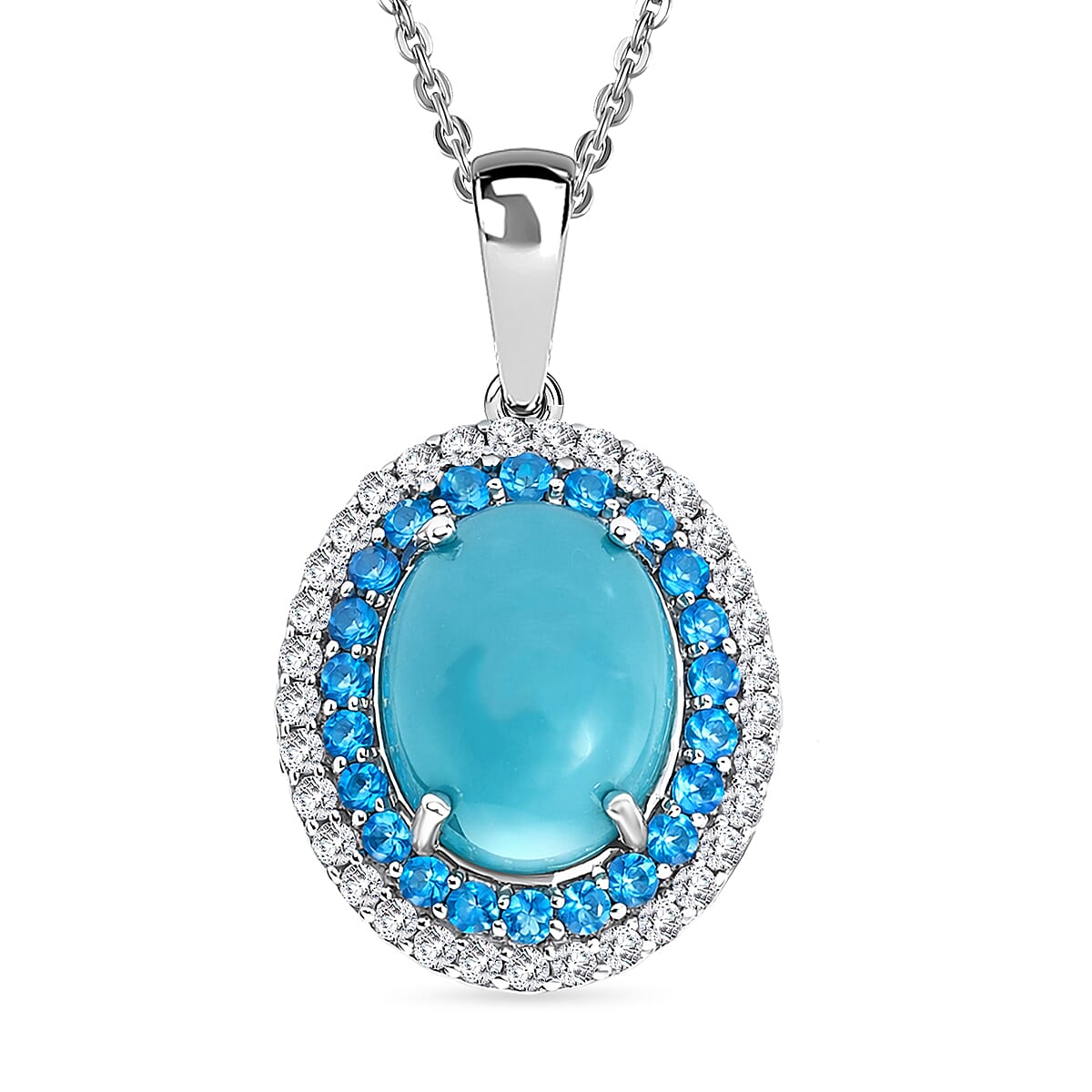 D'Joy Sleeping Beauty Turquoise, White Zircon & Neon Apatite Cabochon Halo Pendant with Chain (Size 20) in Rhodium Overlay Sterling Silver 3.02 Ct.