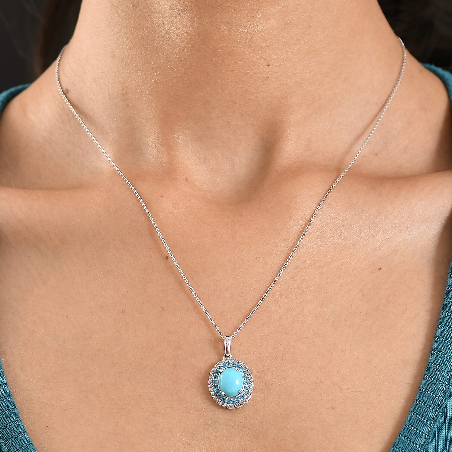D'Joy Sleeping Beauty Turquoise, White Zircon & Neon Apatite Cabochon Halo Pendant with Chain (Size 20) in Rhodium Overlay Sterling Silver 3.02 Ct.