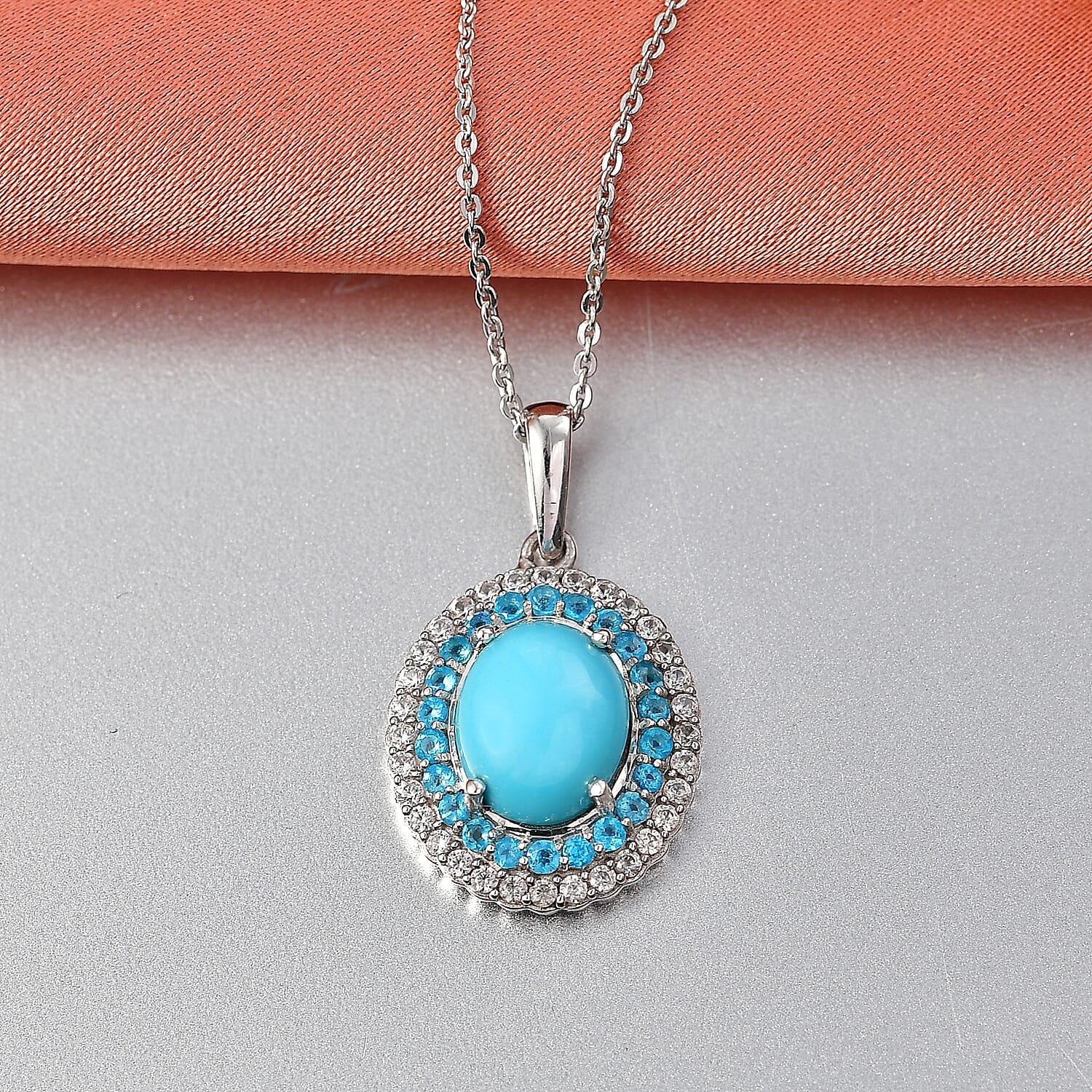 D'Joy Sleeping Beauty Turquoise, White Zircon & Neon Apatite Cabochon Halo Pendant with Chain (Size 20) in Rhodium Overlay Sterling Silver 3.02 Ct.