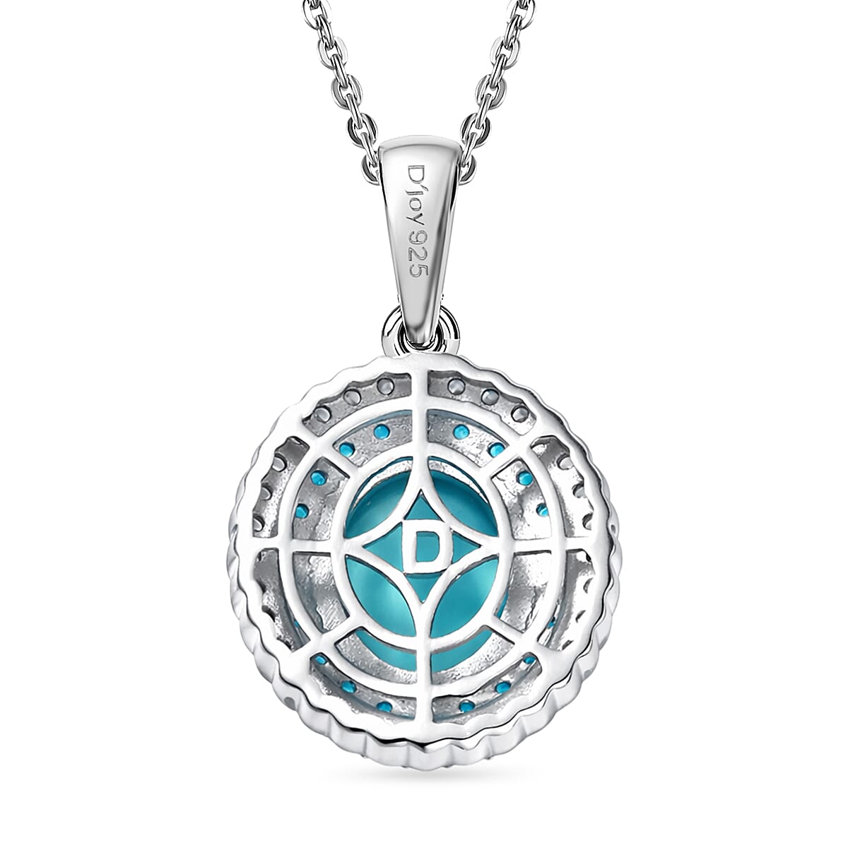 D'Joy Sleeping Beauty Turquoise, White Zircon & Neon Apatite Cabochon Halo Pendant with Chain (Size 20) in Rhodium Overlay Sterling Silver 3.02 Ct.