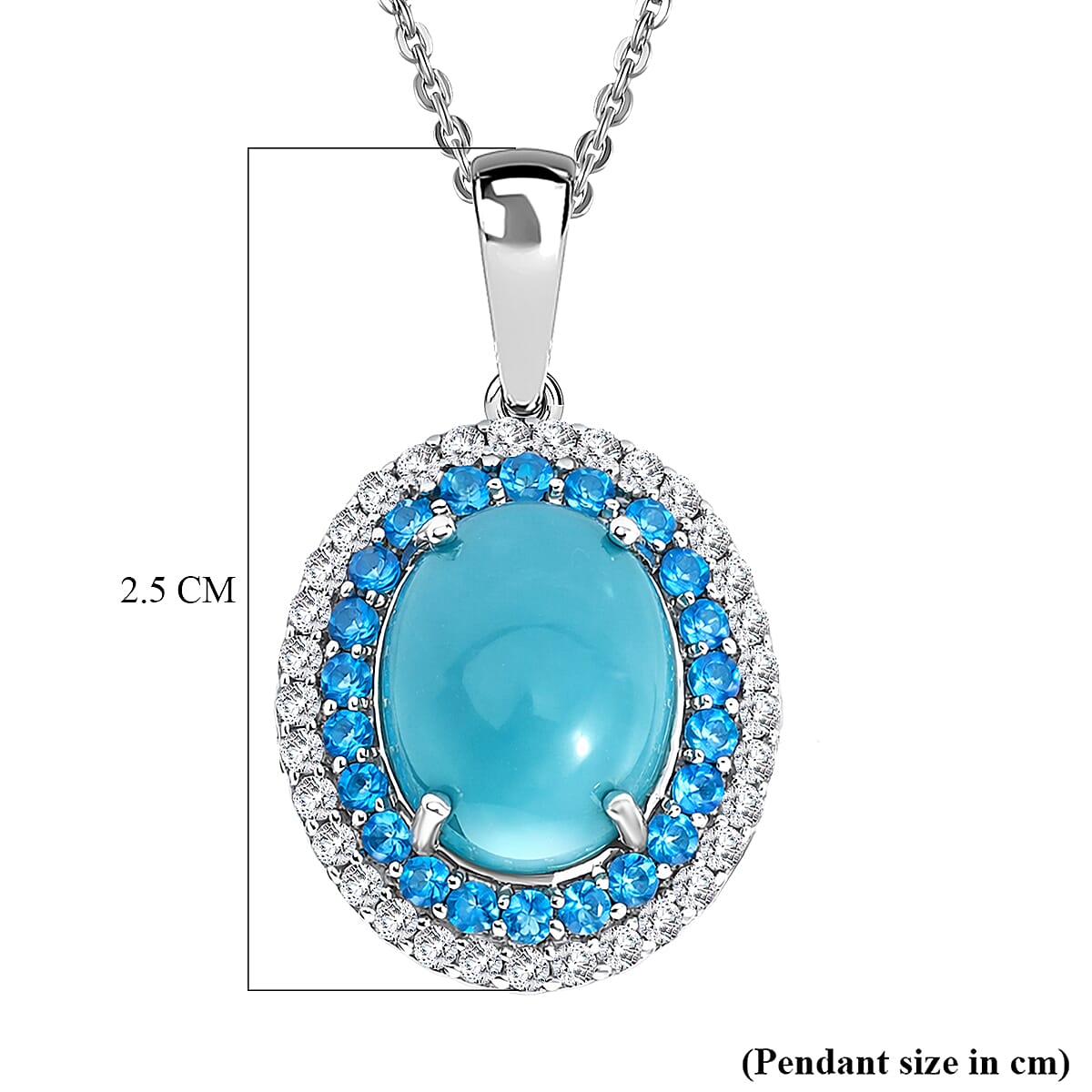 D'Joy Sleeping Beauty Turquoise, White Zircon & Neon Apatite Cabochon Halo Pendant with Chain (Size 20) in Rhodium Overlay Sterling Silver 3.02 Ct.