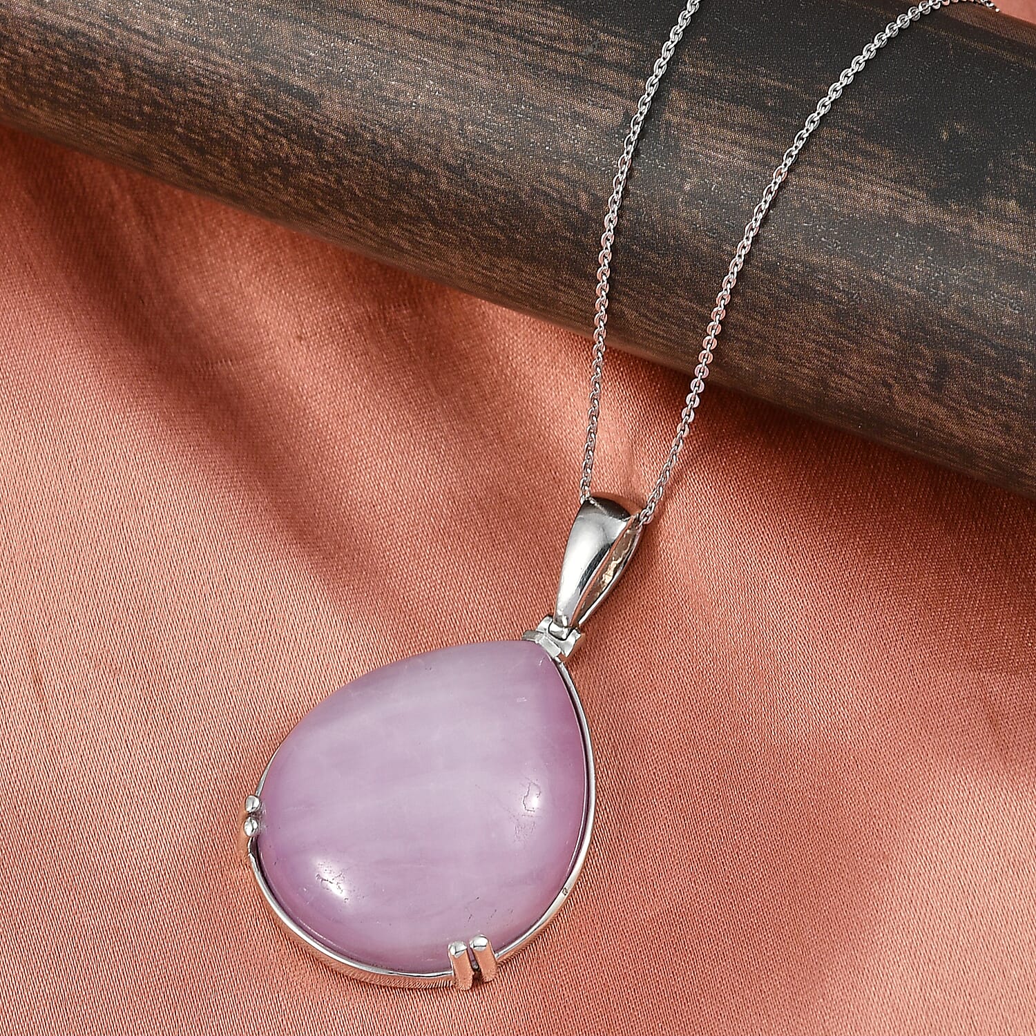 D'Joy Natural Kunzite Pear Cut Pendant with Chain (Size 20) in Rhodium Overlay Sterling Silver 54.15 Ct.