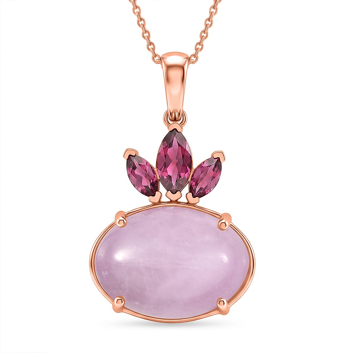 D'Joy Natural Kunzite & Orissa Rose Garnet Pendant with Chain(Size 20) in Rose Gold Plated Sterling Silver 16.58 Ct.