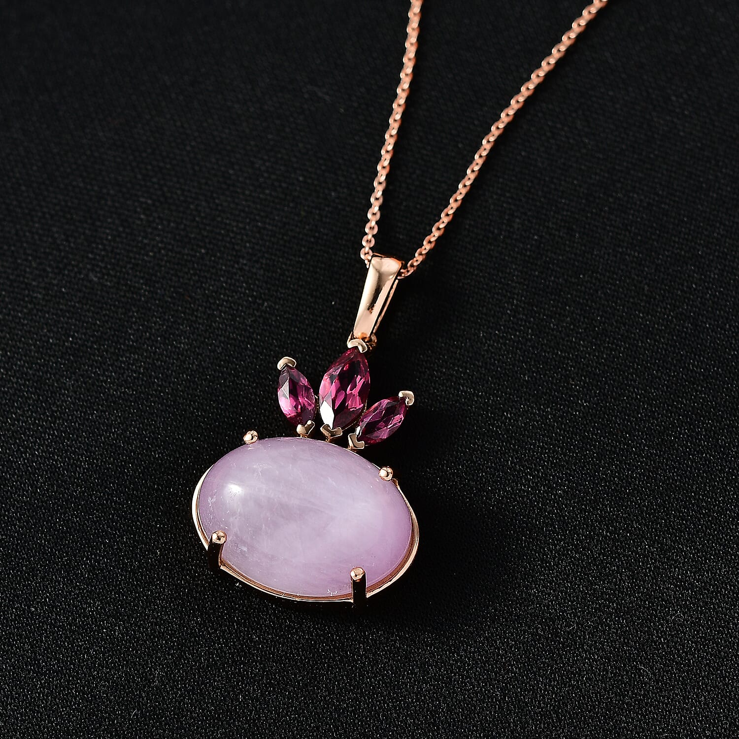 D'Joy Natural Kunzite & Orissa Rose Garnet Pendant with Chain(Size 20) in Rose Gold Plated Sterling Silver 16.58 Ct.