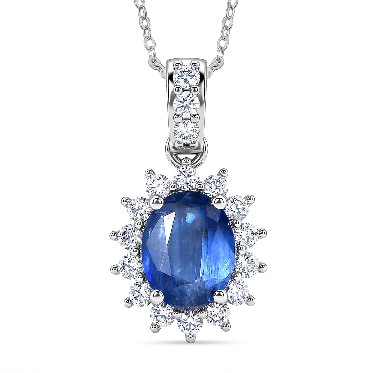 Luxuriant AAA Natural Kashmir Kyanite & Lab Grown Diamond Sunburst Pendant with Chain (Size 20) in Rhodium Overlay Sterling Silver 2.91 Ct.