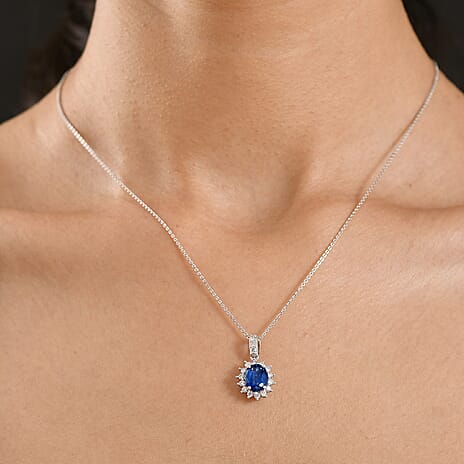 Luxuriant AAA Natural Kashmir Kyanite & Lab Grown Diamond Sunburst Pendant with Chain (Size 20) in Rhodium Overlay Sterling Silver 2.91 Ct.