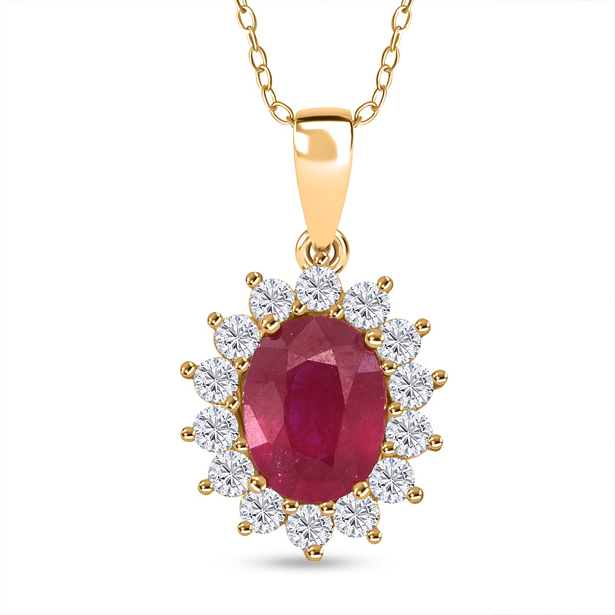 AAA African Ruby & White Zircon Sunburst Halo Pendant with Chain (Size 20) in Yellow Gold Plated Sterling Silver 2.69 Ct.