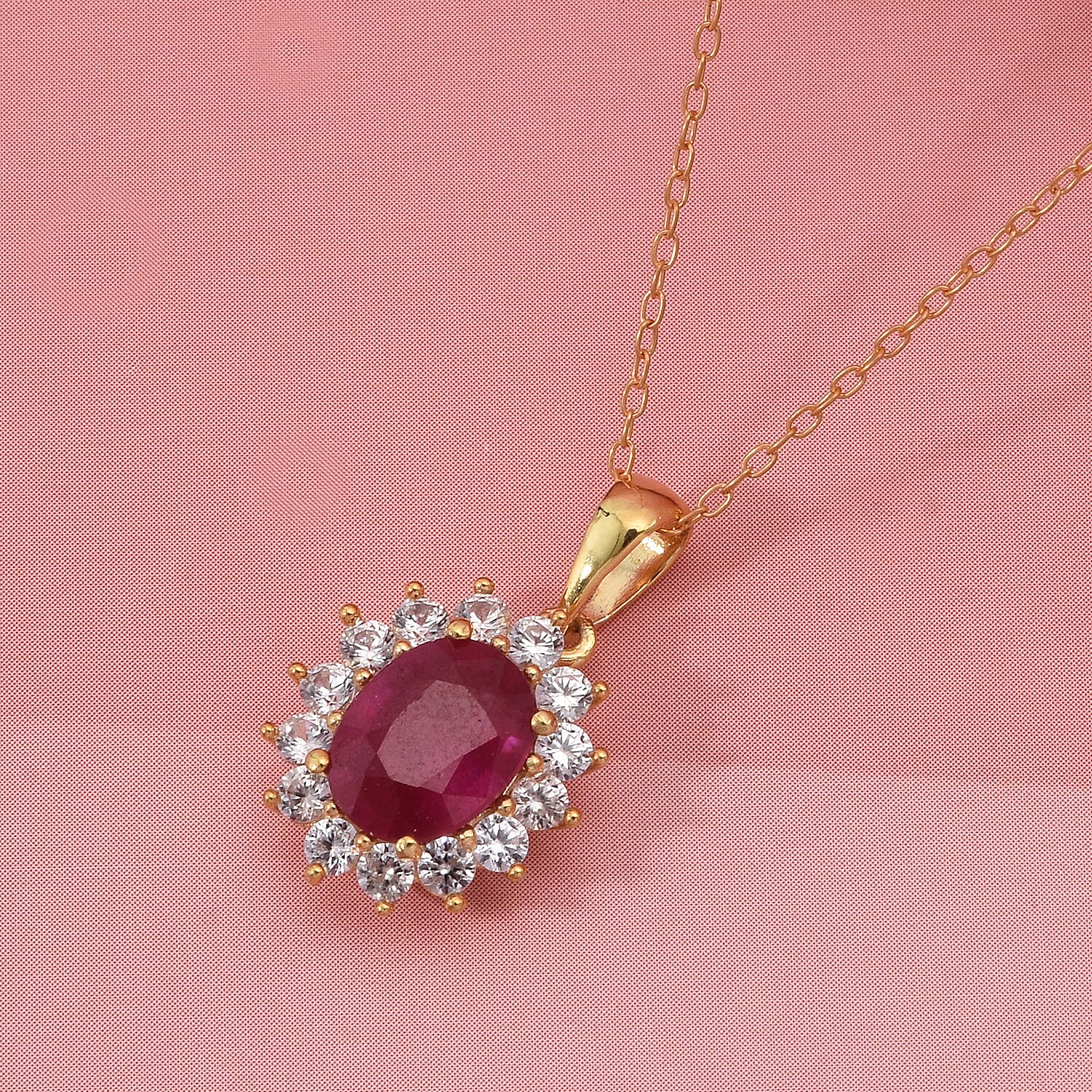 AAA African Ruby & White Zircon Sunburst Halo Pendant with Chain (Size 20) in Yellow Gold Plated Sterling Silver 2.69 Ct.