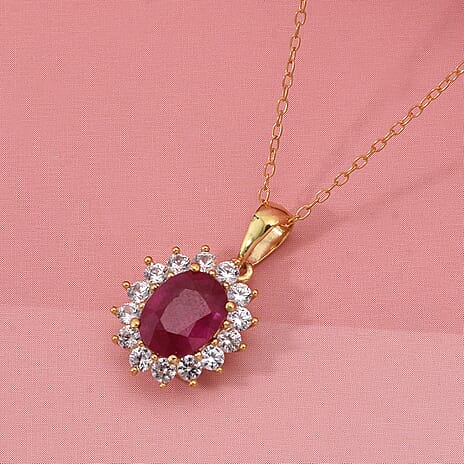AAA African Ruby & White Zircon Sunburst Halo Pendant with Chain (Size 20) in Yellow Gold Plated Sterling Silver 2.69 Ct.