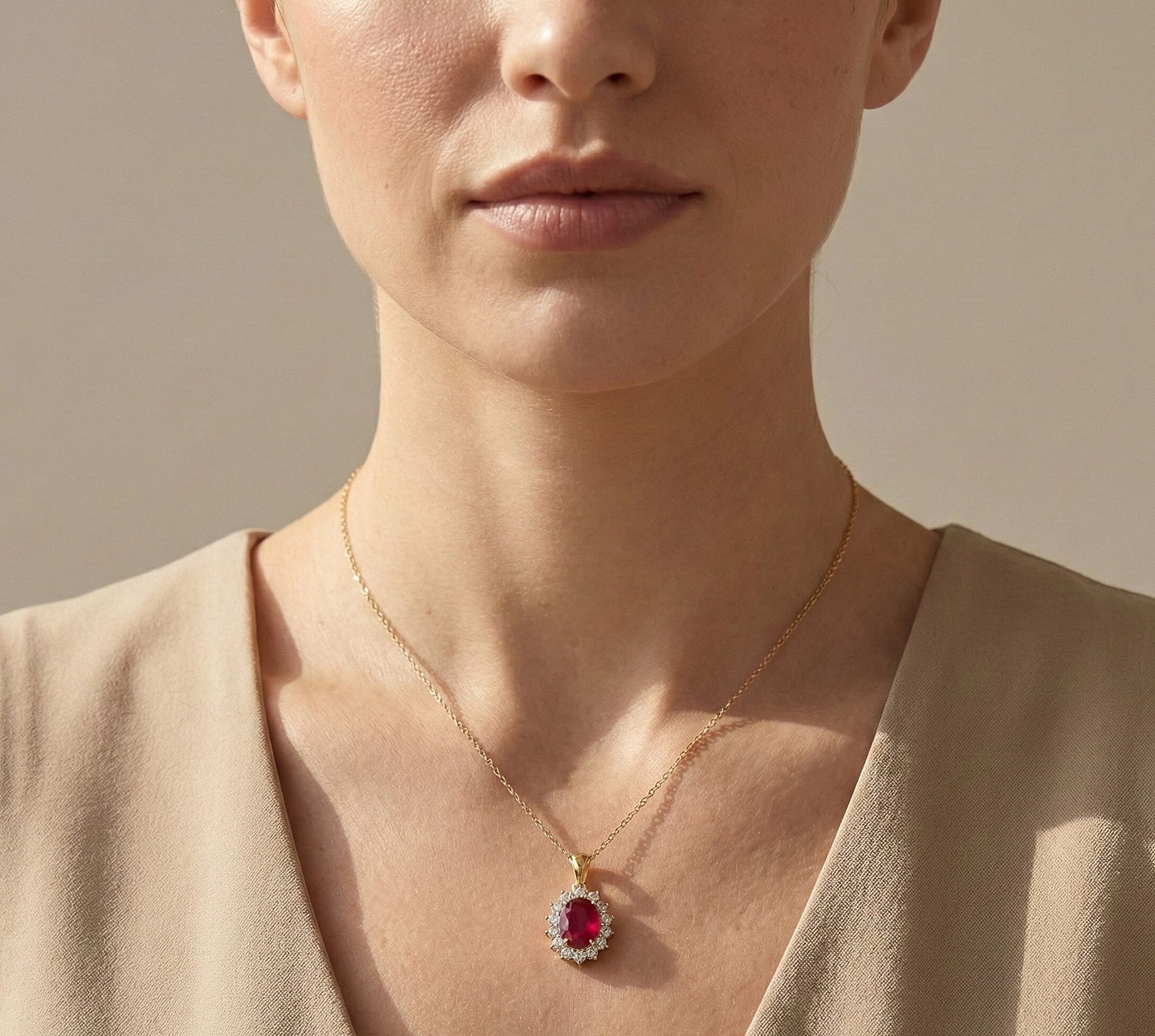 AAA African Ruby & White Zircon Sunburst Halo Pendant with Chain (Size 20) in Yellow Gold Plated Sterling Silver 2.69 Ct.