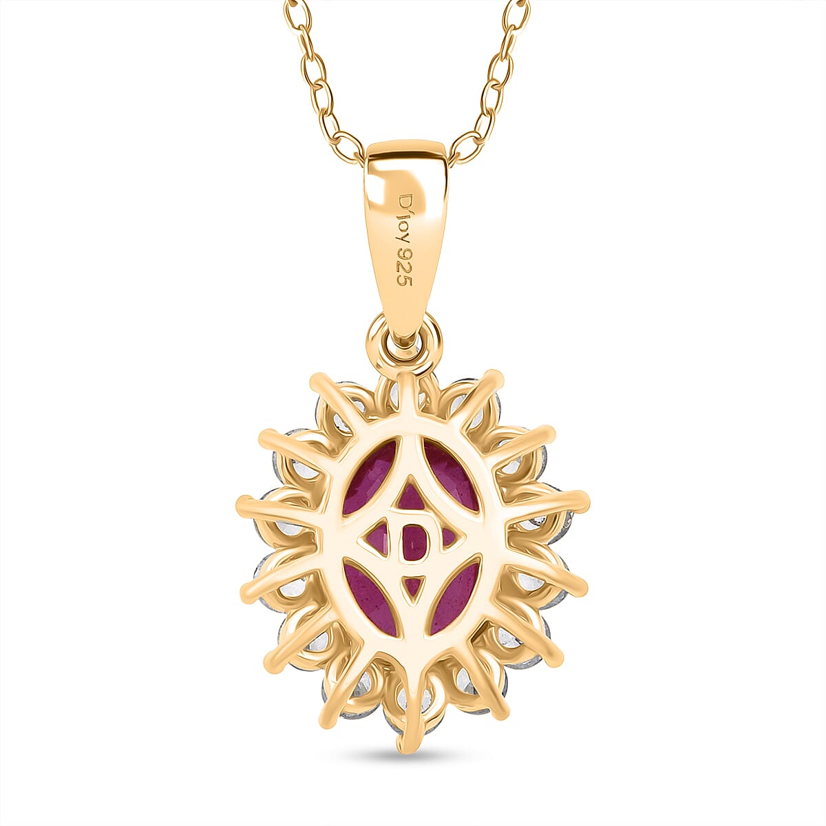 AAA African Ruby & White Zircon Sunburst Halo Pendant with Chain (Size 20) in Yellow Gold Plated Sterling Silver 2.69 Ct.