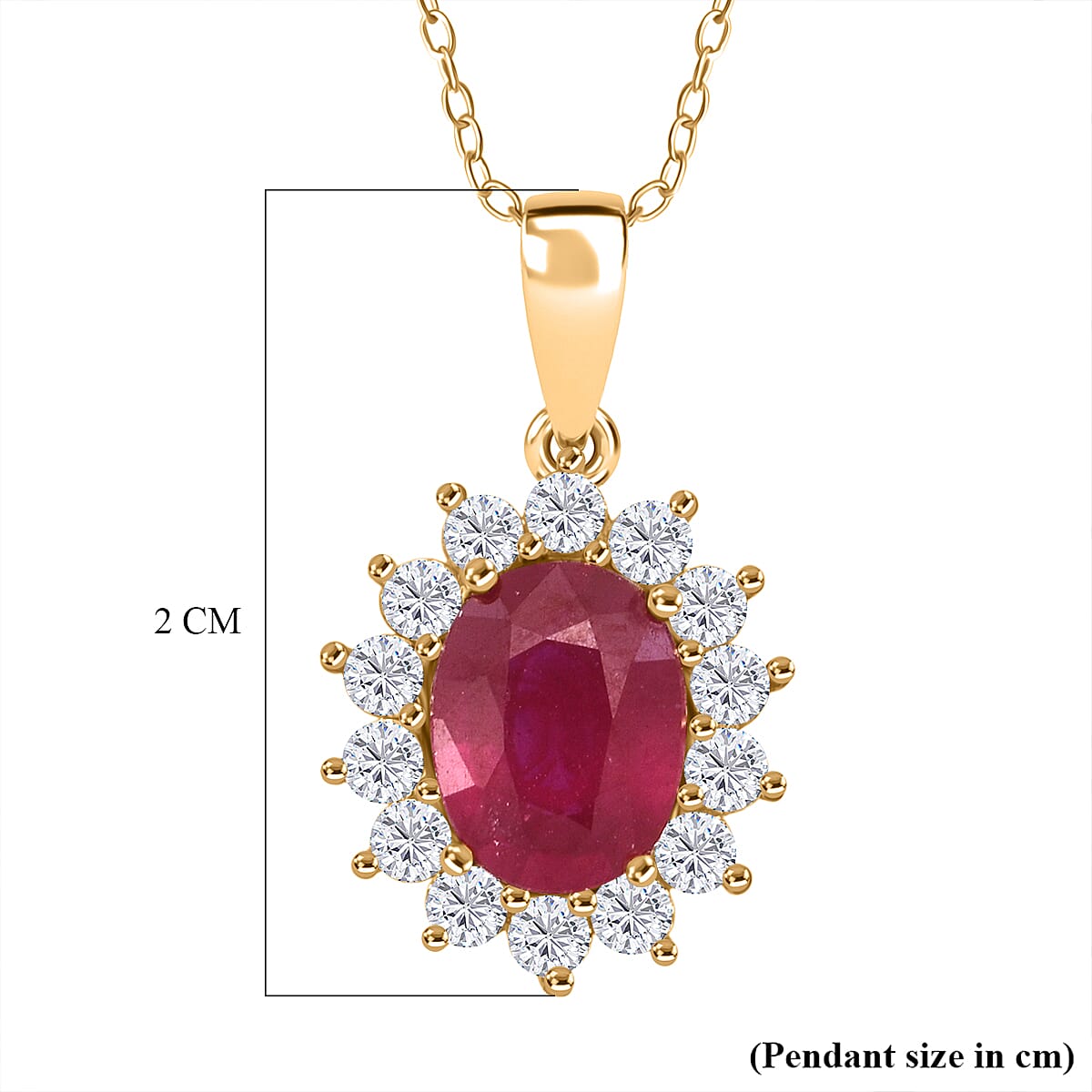 AAA African Ruby & White Zircon Sunburst Halo Pendant with Chain (Size 20) in Yellow Gold Plated Sterling Silver 2.69 Ct.
