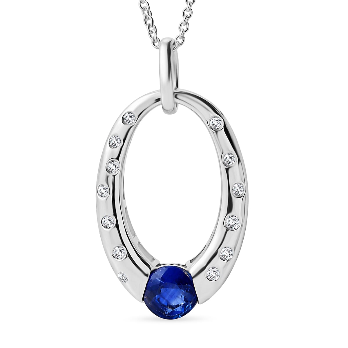 D'Joy AAA Natural Kashmir Kyanite & White Zircon Faceted Cut Pendant with Chain (Size 20) in Platinum Overlay Sterling Silver 1.30 Ct.