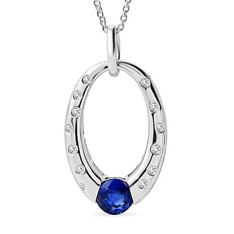 D'Joy AAA Natural Kashmir Kyanite & White Zircon Faceted Cut Pendant with Chain (Size 20) in Platinum Overlay Sterling Silver 1.30 Ct.