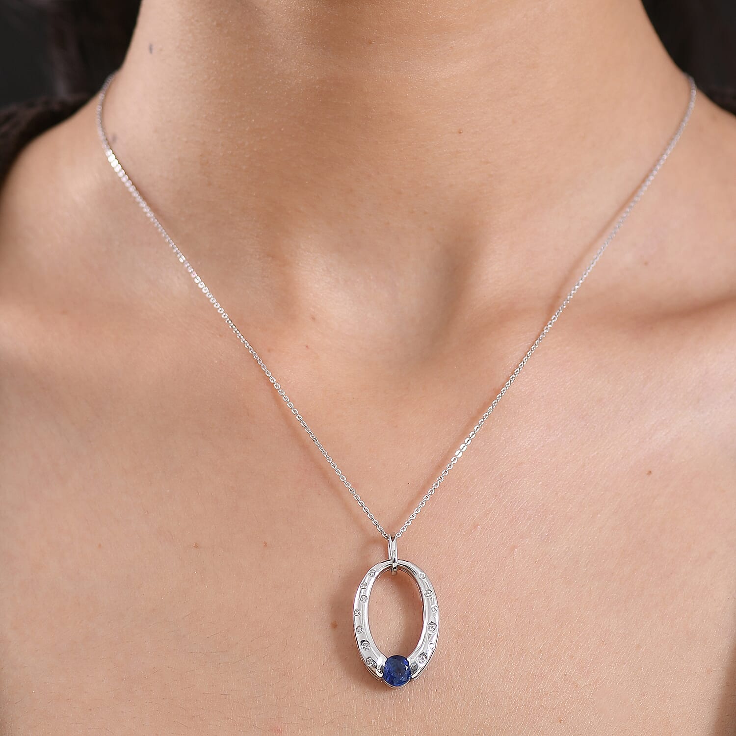D'Joy AAA Natural Kashmir Kyanite & White Zircon Faceted Cut Pendant with Chain (Size 20) in Platinum Overlay Sterling Silver 1.30 Ct.