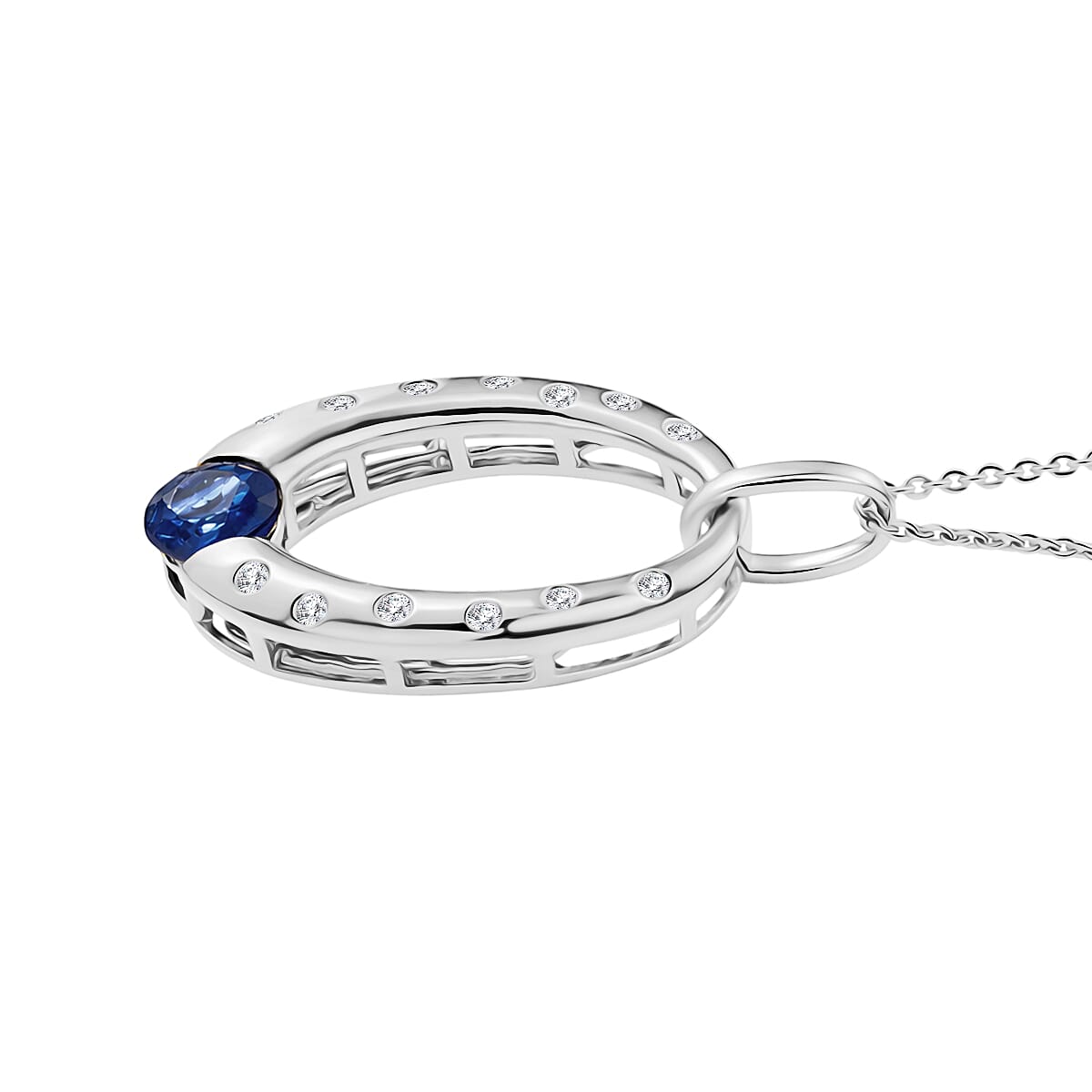 D'Joy AAA Natural Kashmir Kyanite & White Zircon Faceted Cut Pendant with Chain (Size 20) in Platinum Overlay Sterling Silver 1.30 Ct.