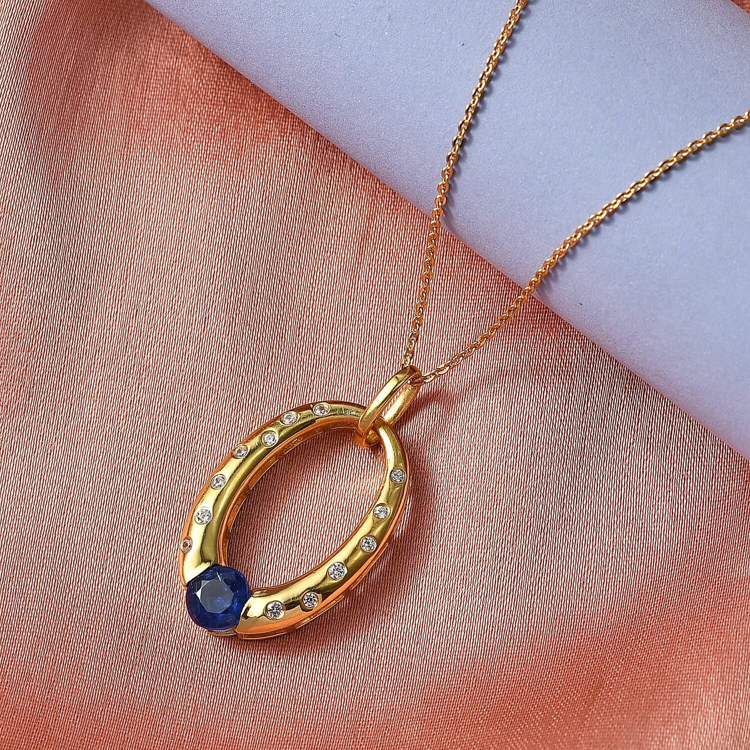 D'Joy AAA Natural Kashmir Kyanite & White Zircon Faceted Cut Pendant with Chain (Size 20) in Yellow Gold Plated Sterling Silver 1.30  Ct.