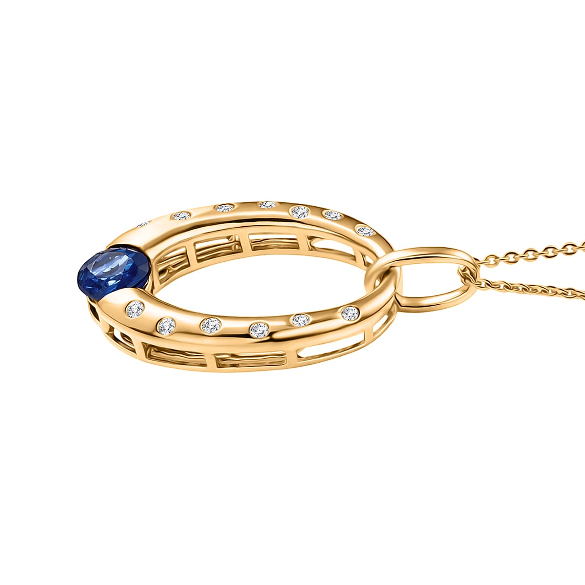 D'Joy AAA Natural Kashmir Kyanite & White Zircon Faceted Cut Pendant with Chain (Size 20) in Yellow Gold Plated Sterling Silver 1.30  Ct.