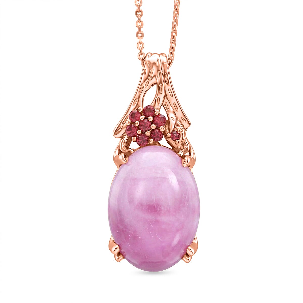 D'Joy Natural Kunzite & Orissa Rose Garnet Solitaire Pendant with Chain (Size 20) in Rose Gold Plated Sterling Silver 15.67 Ct.