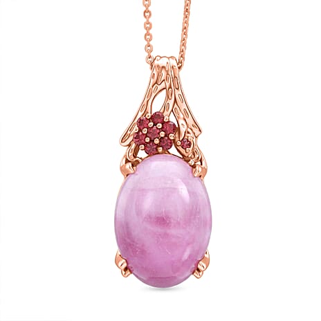 D'Joy Natural Kunzite & Orissa Rose Garnet Solitaire Pendant with Chain (Size 20) in Rose Gold Plated Sterling Silver 15.67 Ct.