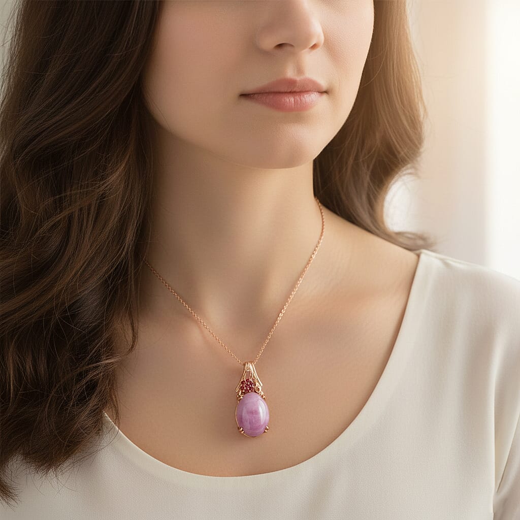 D'Joy Natural Kunzite & Orissa Rose Garnet Solitaire Pendant with Chain (Size 20) in Rose Gold Plated Sterling Silver 15.67 Ct.
