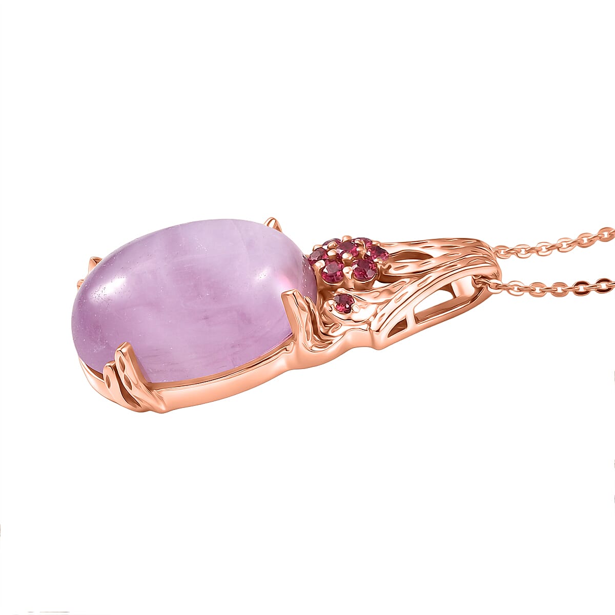 D'Joy Natural Kunzite & Orissa Rose Garnet Solitaire Pendant with Chain (Size 20) in Rose Gold Plated Sterling Silver 15.67 Ct.