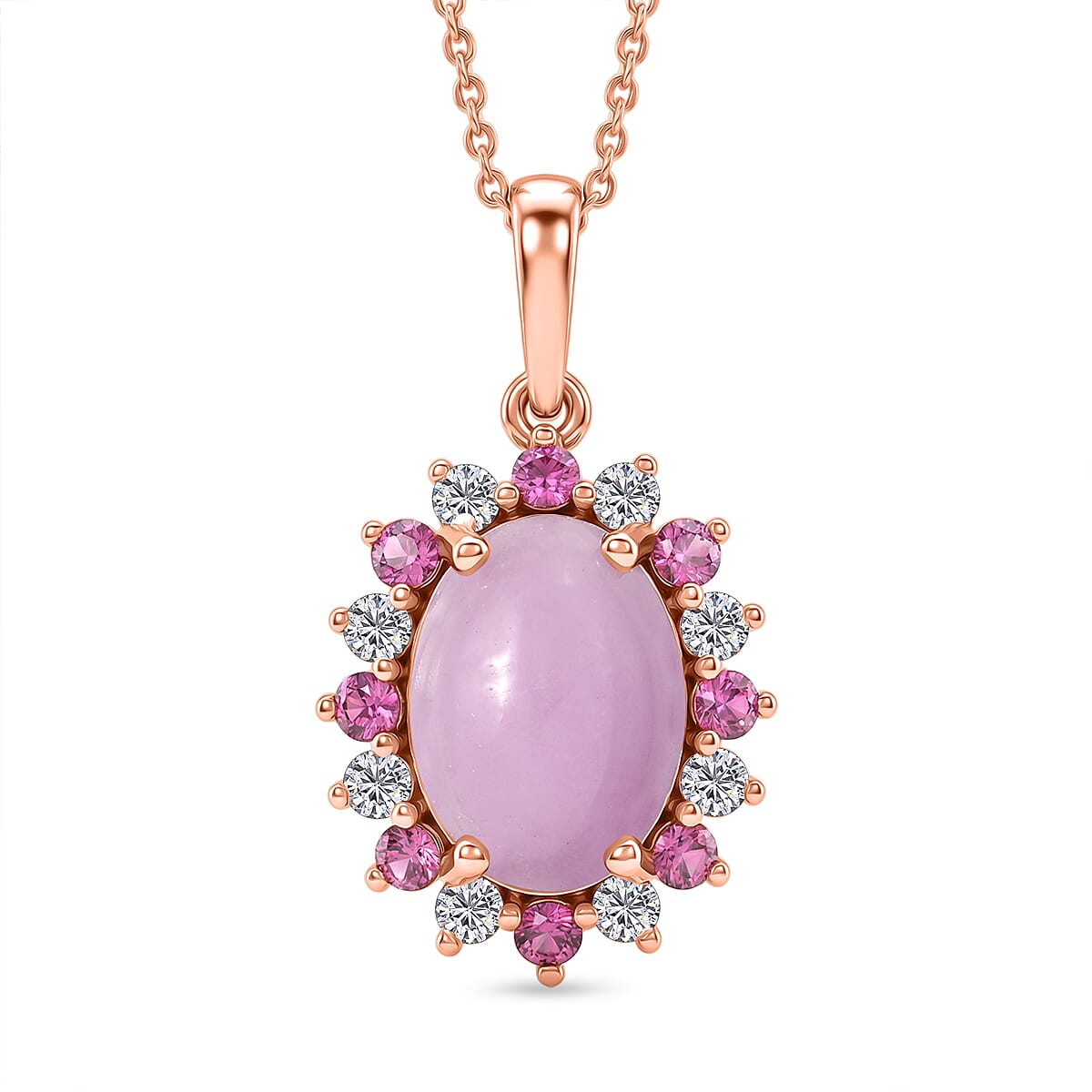 D'Joy Natural Kunzite, Rhodolite Garnet & White Zircon Halo Pendant with Chain (Size 20) in Rose Gold Plated Sterling Silver 8.14 Ct.