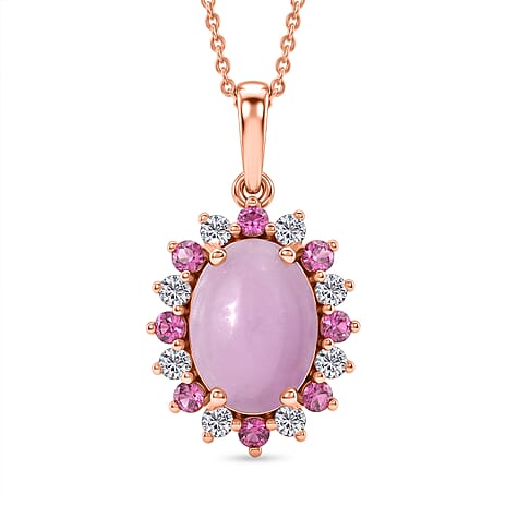 D'Joy Natural Kunzite, Rhodolite Garnet & White Zircon Halo Pendant with Chain (Size 20) in Rose Gold Plated Sterling Silver 8.14 Ct.