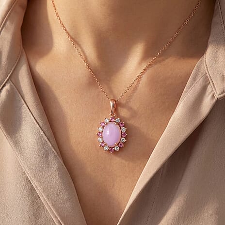 D'Joy Natural Kunzite, Rhodolite Garnet & White Zircon Halo Pendant with Chain (Size 20) in Rose Gold Plated Sterling Silver 8.14 Ct.