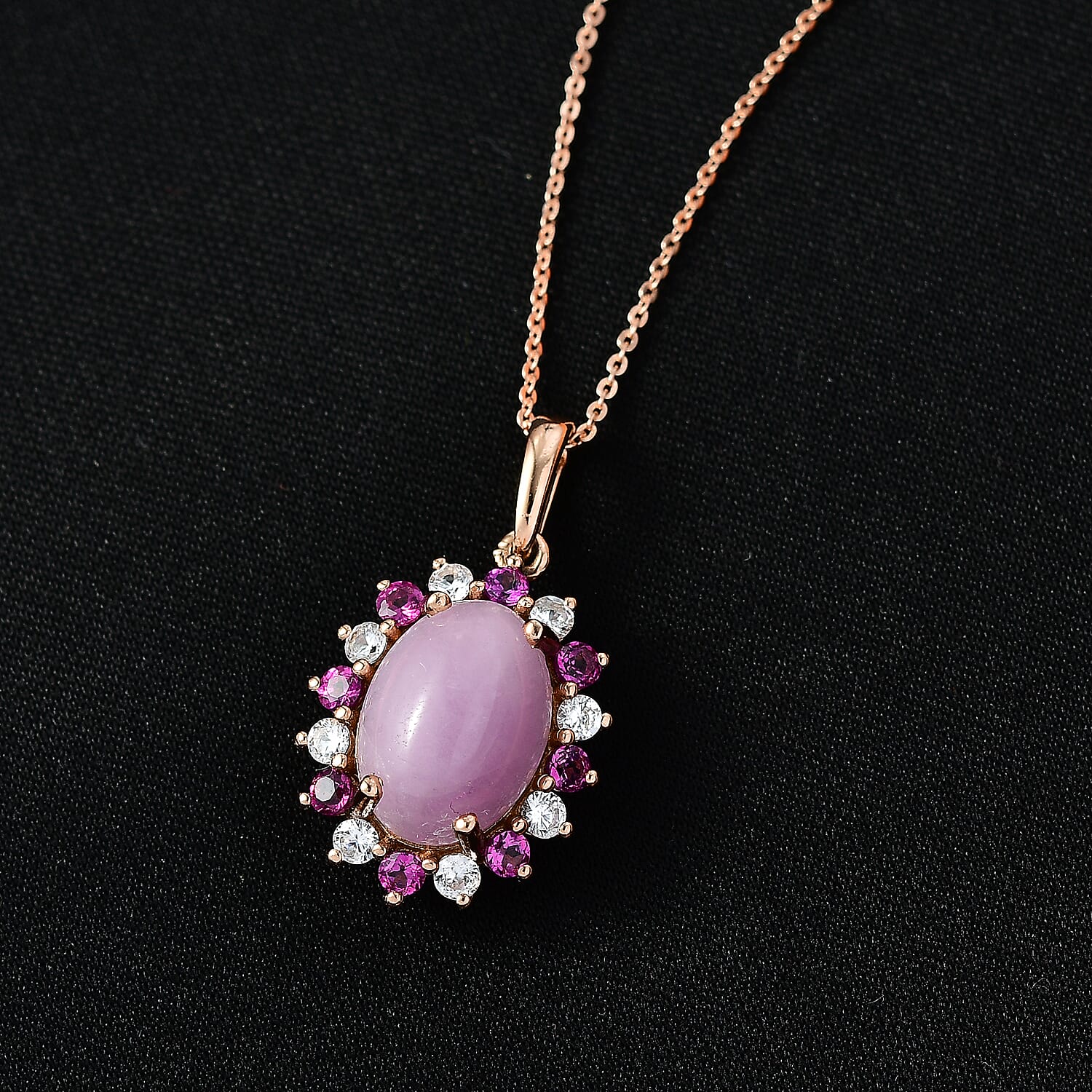 D'Joy Natural Kunzite, Rhodolite Garnet & White Zircon Halo Pendant with Chain (Size 20) in Rose Gold Plated Sterling Silver 8.14 Ct.