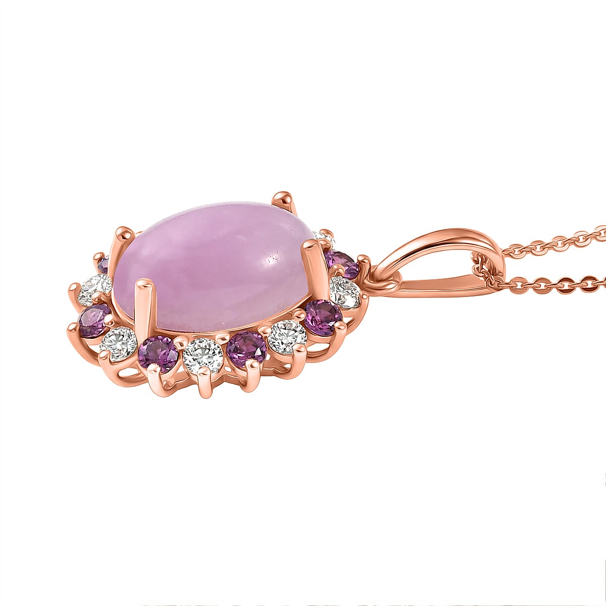 D'Joy Natural Kunzite, Rhodolite Garnet & White Zircon Halo Pendant with Chain (Size 20) in Rose Gold Plated Sterling Silver 8.14 Ct.