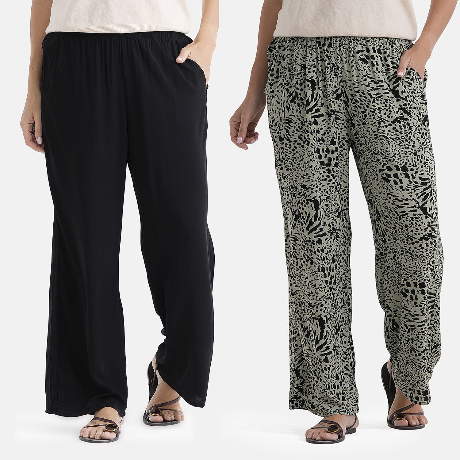 & Maisi Set Of 2 Printed And Solid Color Wide-Leg Trousers