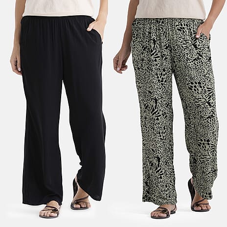 - Maisi Set Of 2 Printed And Solid Color Wide-Leg Trousers (Size XL) - Basil Green - Black