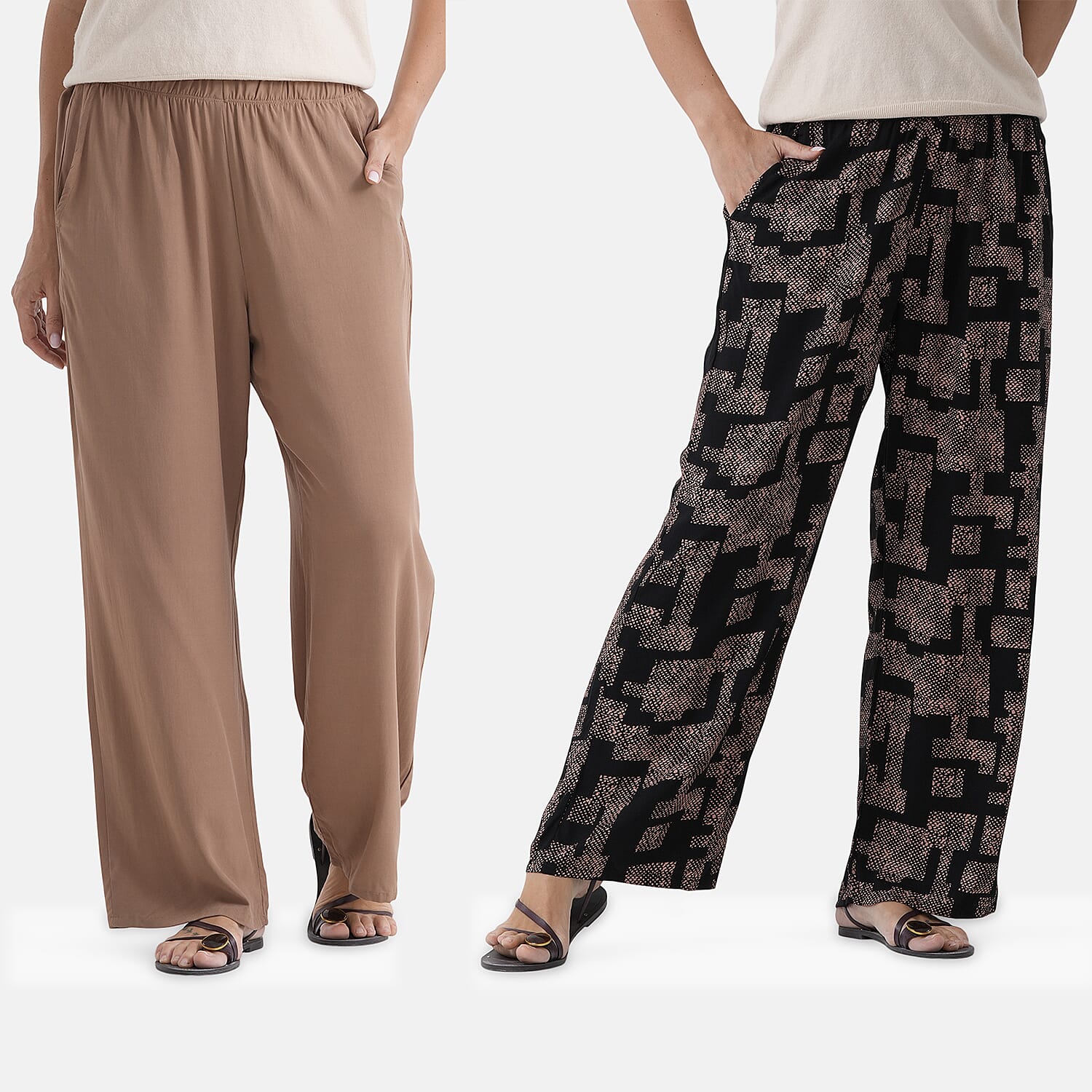 & Maisi Set Of 2 Printed And Solid Color Wide-Leg Trousers