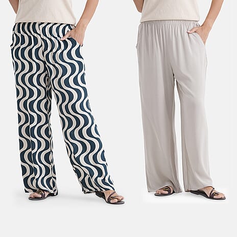 - Maisi Set Of 2 Printed And Solid Color Wide-Leg Trousers (Size M) - Forest Green AND White
