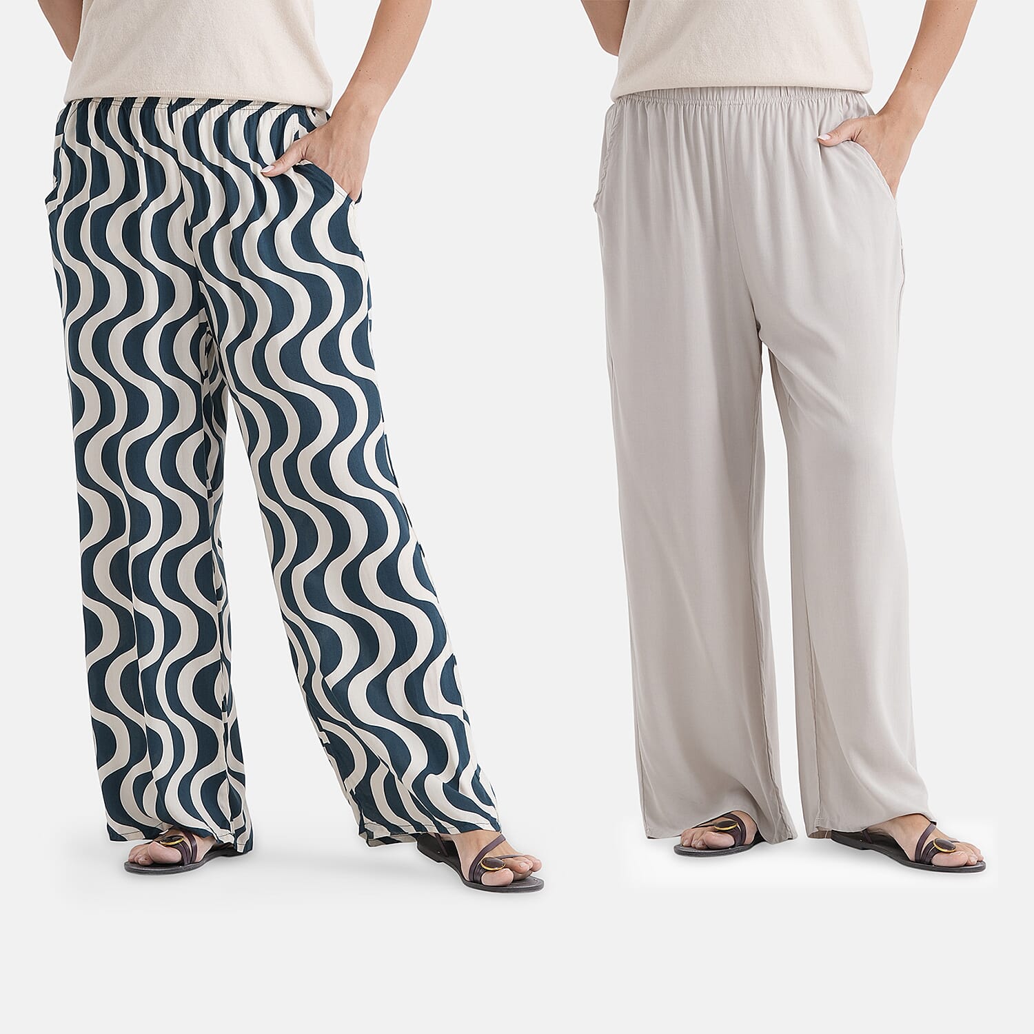 & Maisi Set Of 2 Printed And Solid Color Wide-Leg Trousers