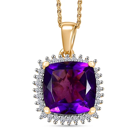 Luxuriant AAA African Amethyst & SI-G-H Lab Grown Diamond Pendant with Chain (Size 20) in 18K Vermeil Yellow Gold Plated Sterling Silver 5.36 Ct