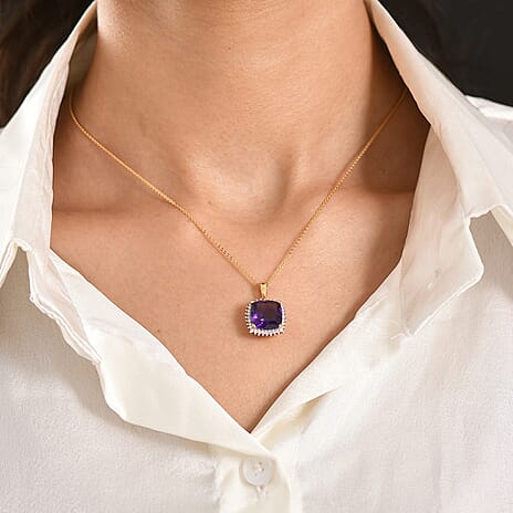 Luxuriant AAA African Amethyst & SI-G-H Lab Grown Diamond Pendant with Chain (Size 20) in 18K Vermeil Yellow Gold Plated Sterling Silver 5.36 Ct